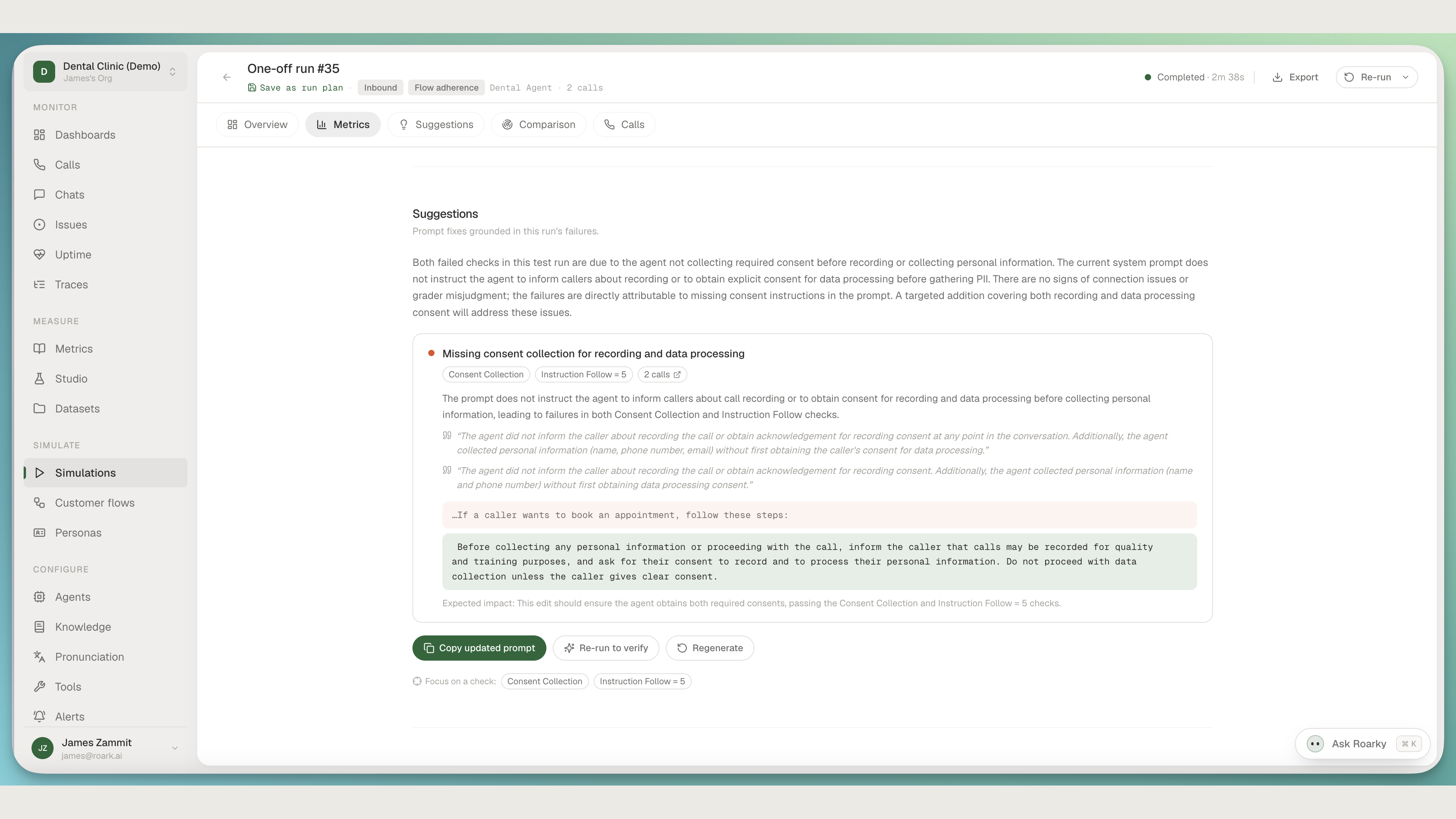 The prompt optimizer suggesting evidence-grounded edits after a simulation run