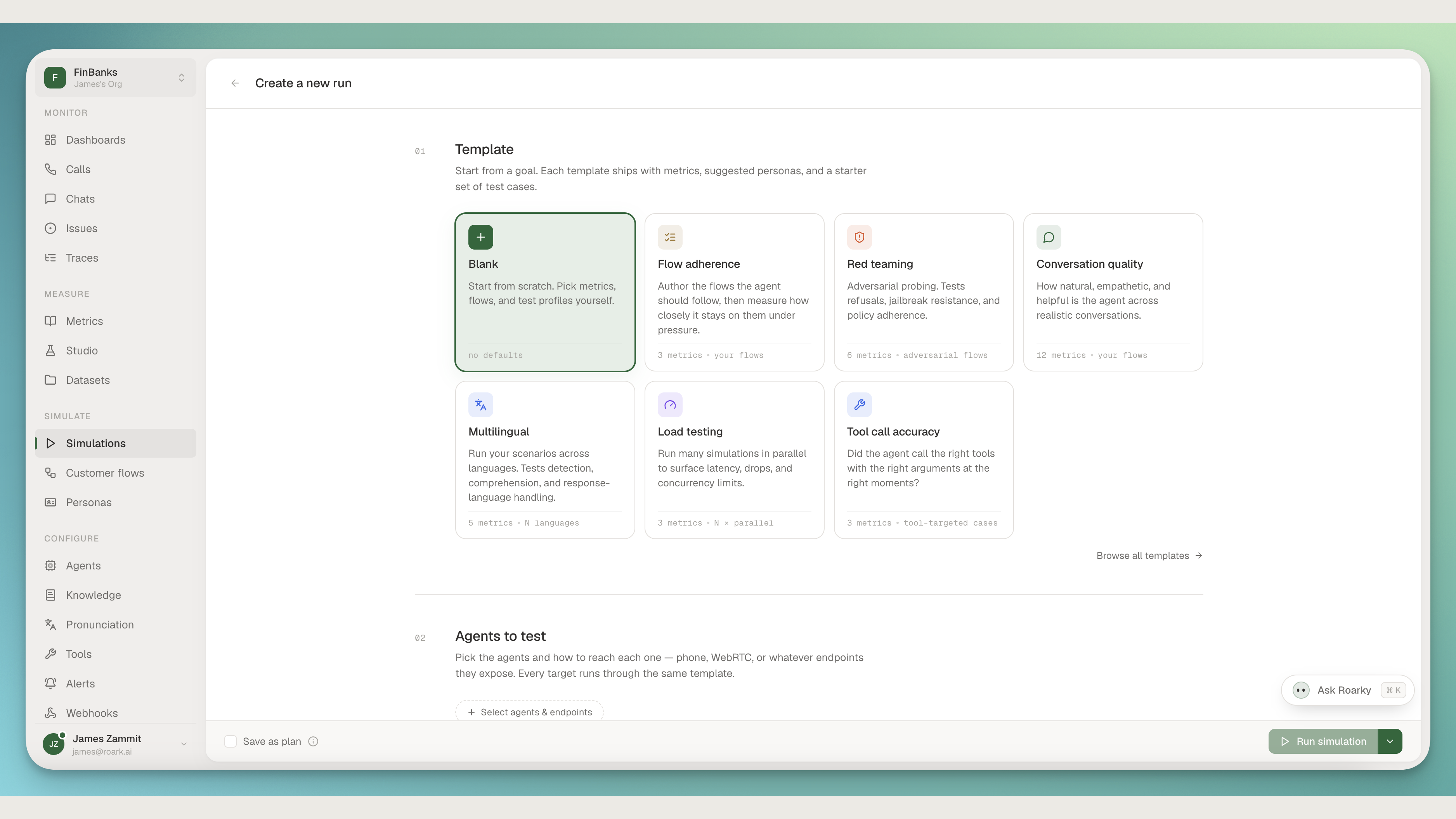 Starting a simulation run from a template, with Flow adherence, Red teaming, and Conversation quality presets