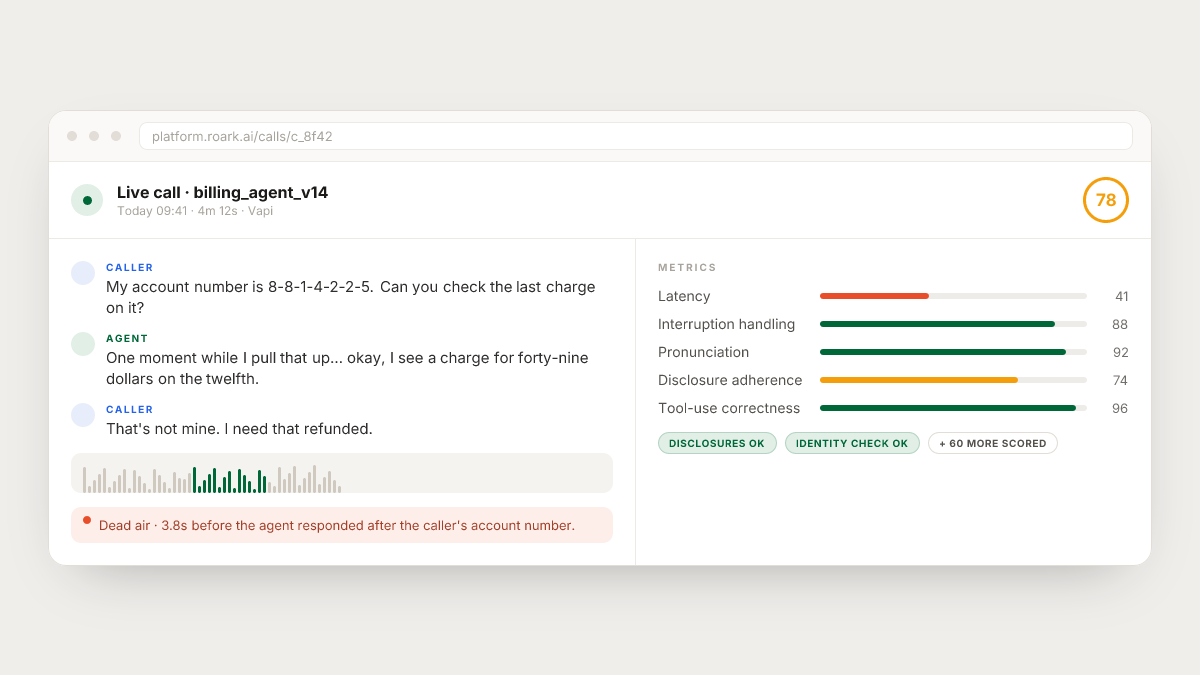 Illustrative scored call showing audio-native metrics