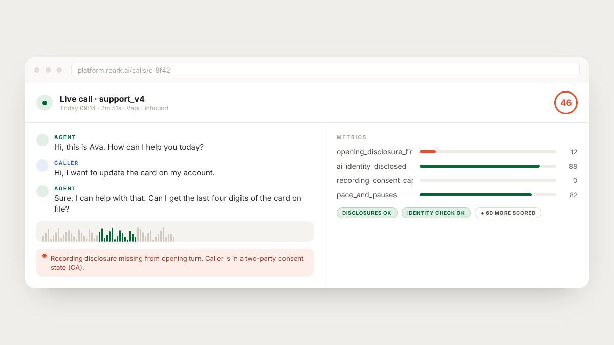 A live call that skipped the recording disclosure, auto-filed as an issue
