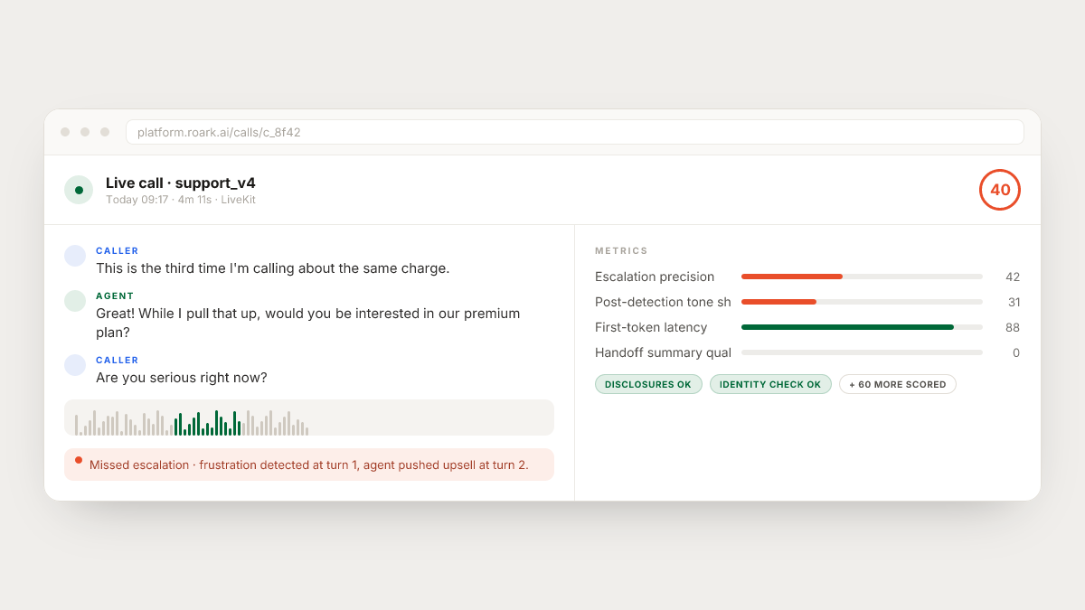 Illustrative call review with a misroute flagged