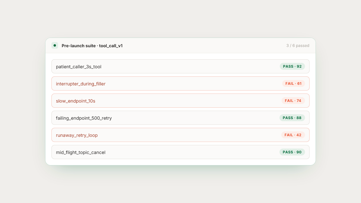 A tool-call scenario suite result, illustrative