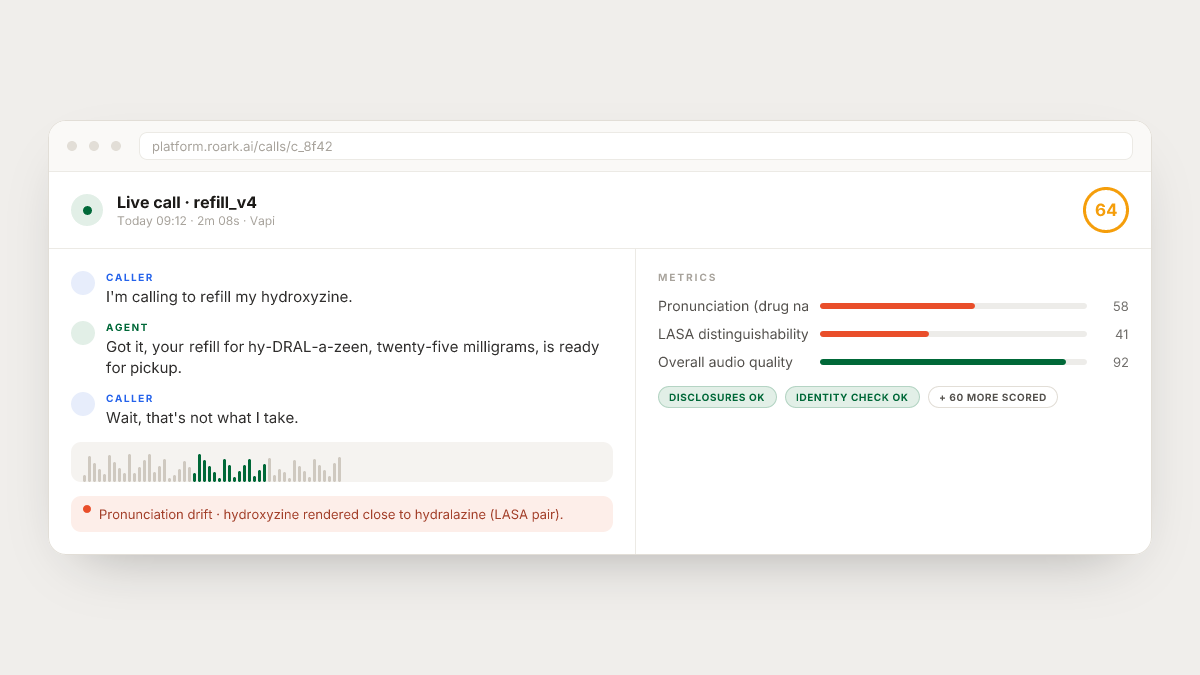 Illustrative Roark review of a mispronounced medication name flagged on a live call