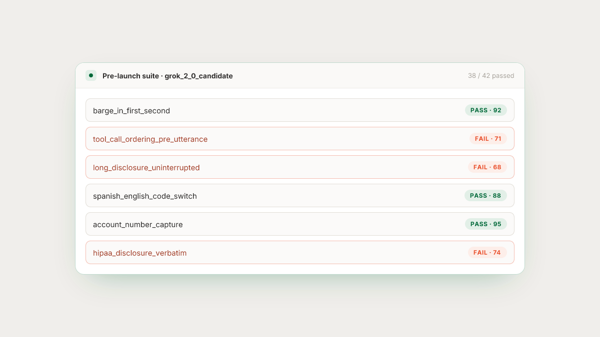 Illustrative migration suite result comparing a candidate model against a pinned baseline