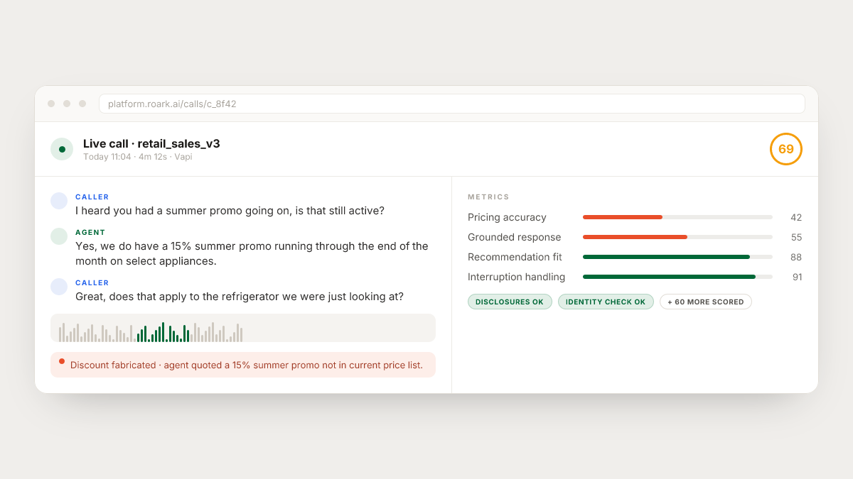 A live call flagged by the metric suite